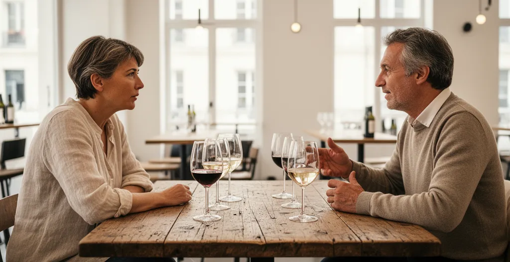 Deux personnes en discussion animée lors d'une dégustation de vin comparative
