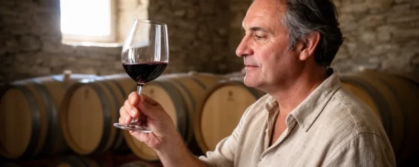 Sommelier observant la robe d'un vin rouge à travers un verre cristallin fin dans une cave