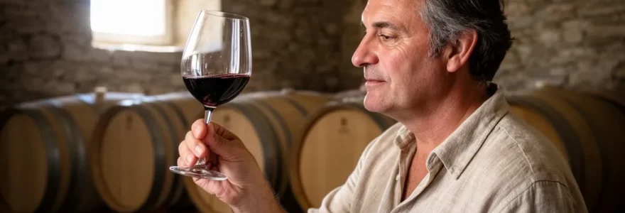 Sommelier observant la robe d'un vin rouge à travers un verre cristallin fin dans une cave