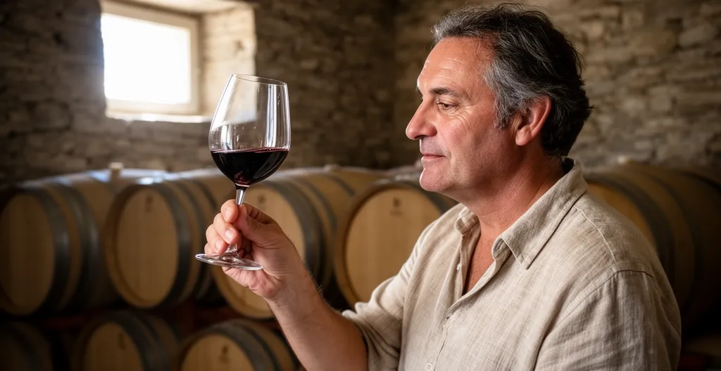 Sommelier observant la robe d'un vin rouge à travers un verre cristallin fin dans une cave