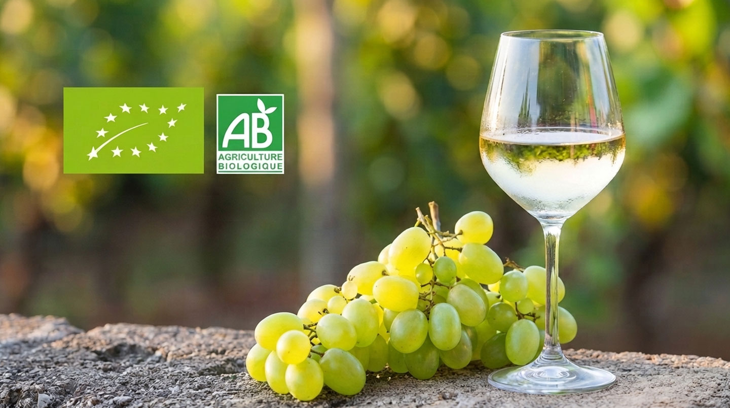 Bouteilles de vin français présentant les différentes certifications biologiques et biodynamiques sur un comptoir professionnel