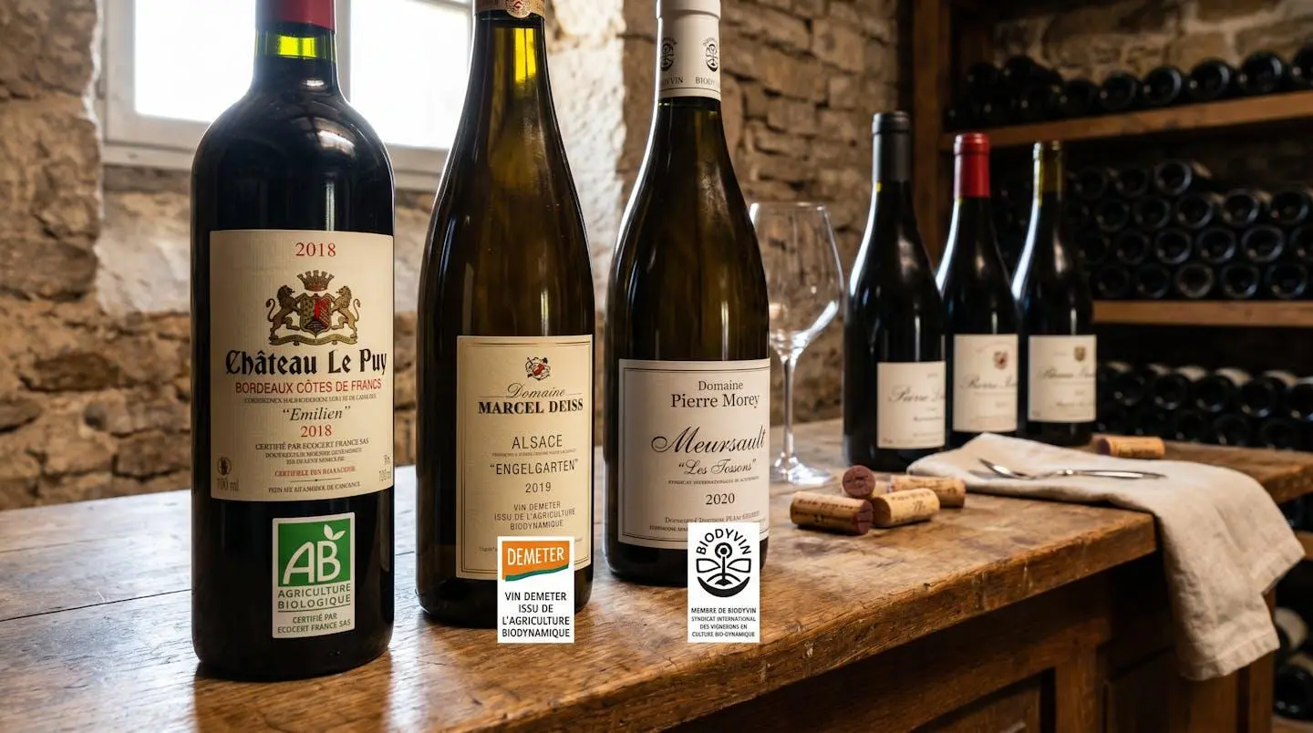 Bouteilles de vin français présentant les différentes certifications biologiques et biodynamiques sur un comptoir professionnel