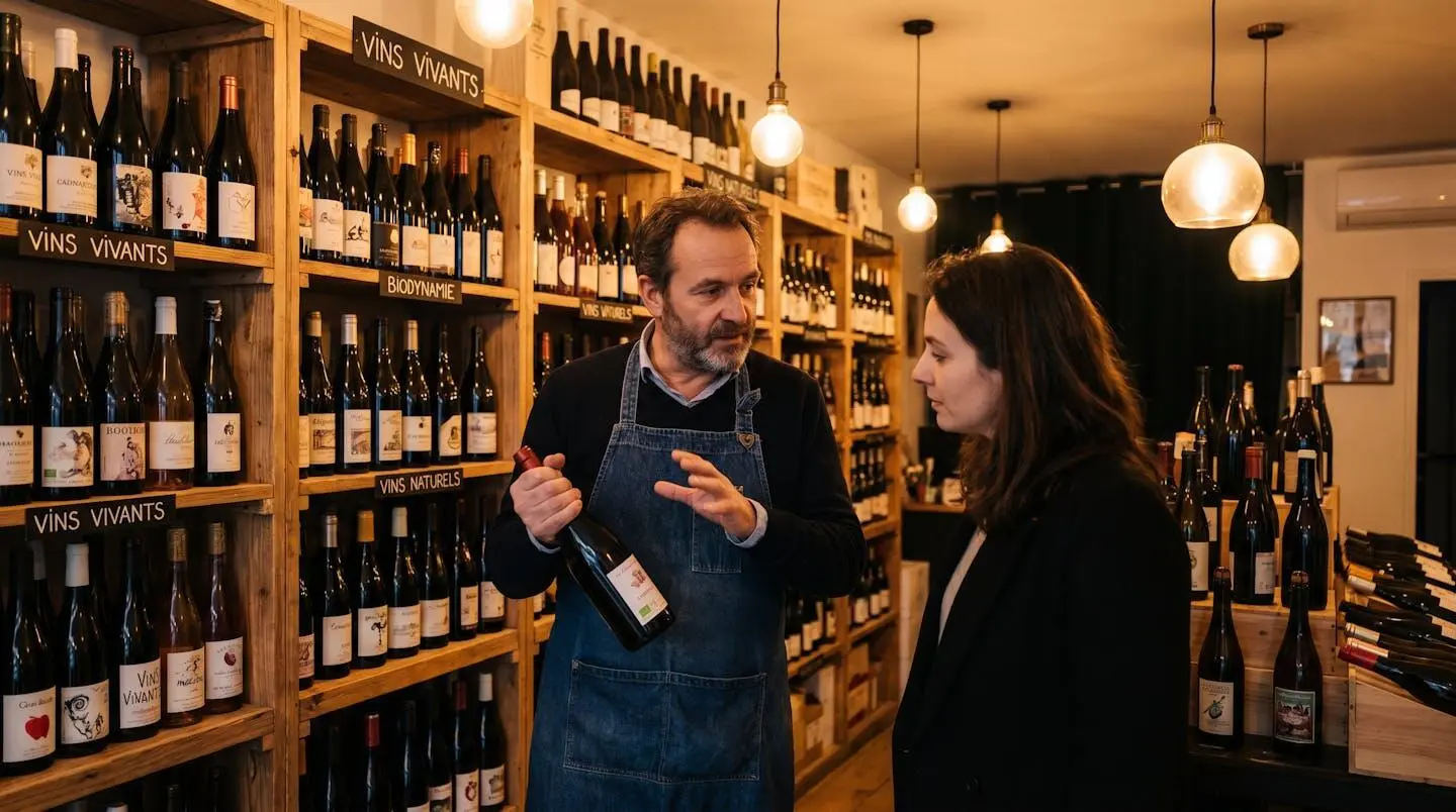 Caviste français conseillant un client dans sa boutique spécialisée en vins biologiques et biodynamiques