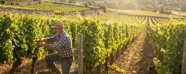 Vigneron travaillant dans un vignoble français certifié biologique, rangées de vignes vertes sous un éclairage naturel doré