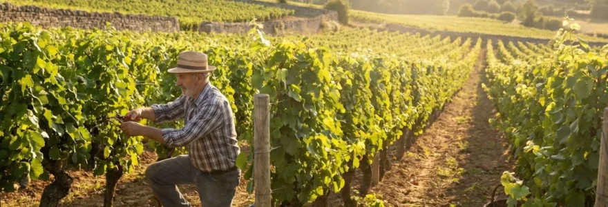 Vigneron travaillant dans un vignoble français certifié biologique, rangées de vignes vertes sous un éclairage naturel doré