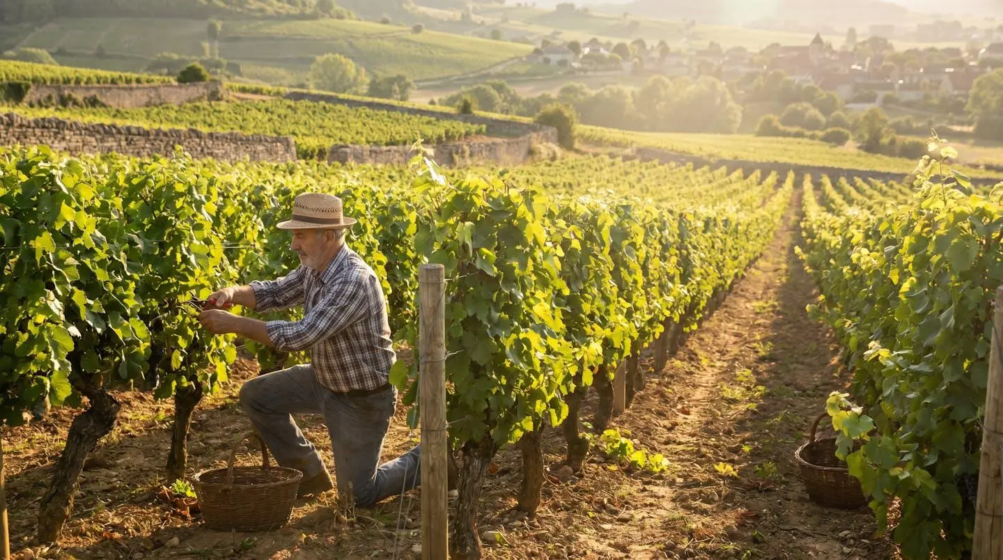 Vigneron travaillant dans un vignoble français certifié biologique, rangées de vignes vertes sous un éclairage naturel doré